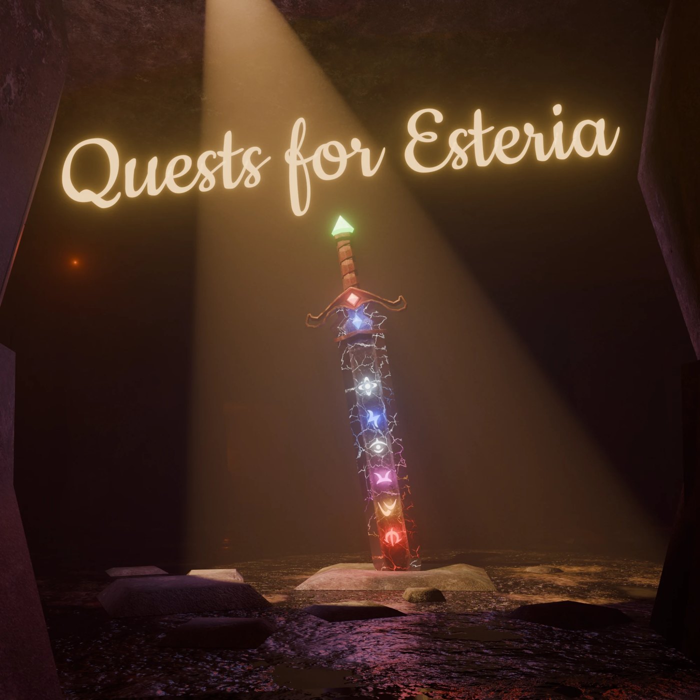 Quests for Esteria key art: the name in glowing script above a sword planted in a stone pedestal, its blade cracked with coloured runes, under a shaft of light in a cave